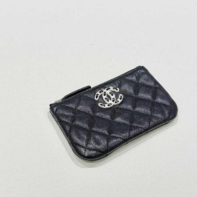 CHANEL - 黑色牛皮菱格熊貓一字拉鍊零錢包-0