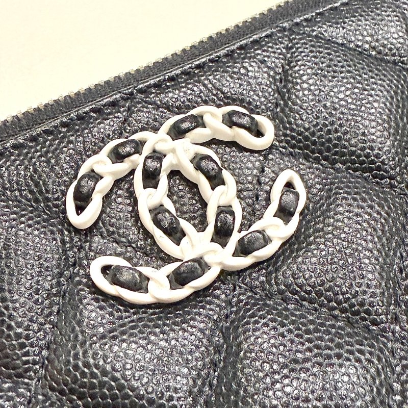 CHANEL - 黑色牛皮菱格熊貓一字拉鍊零錢包-3