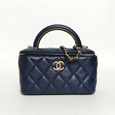 CHANEL 21K手提長盒子化妝包帶鏡子16藍色羊皮鐳射標金扣皮手柄肩背包