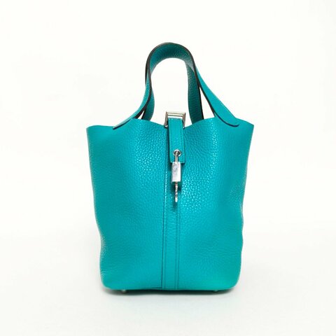 HERMES Picotin18菜籃子7F孔雀藍TC皮X刻銀扣肩背包