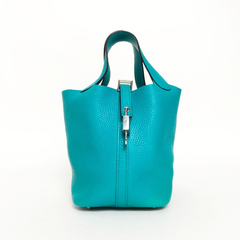 HERMES Picotin18菜籃子7F孔雀藍TC皮X刻銀扣肩背包-0