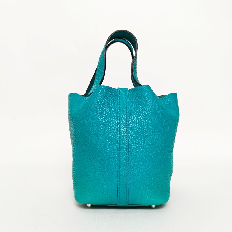 HERMES Picotin18菜籃子7F孔雀藍TC皮X刻銀扣肩背包-2