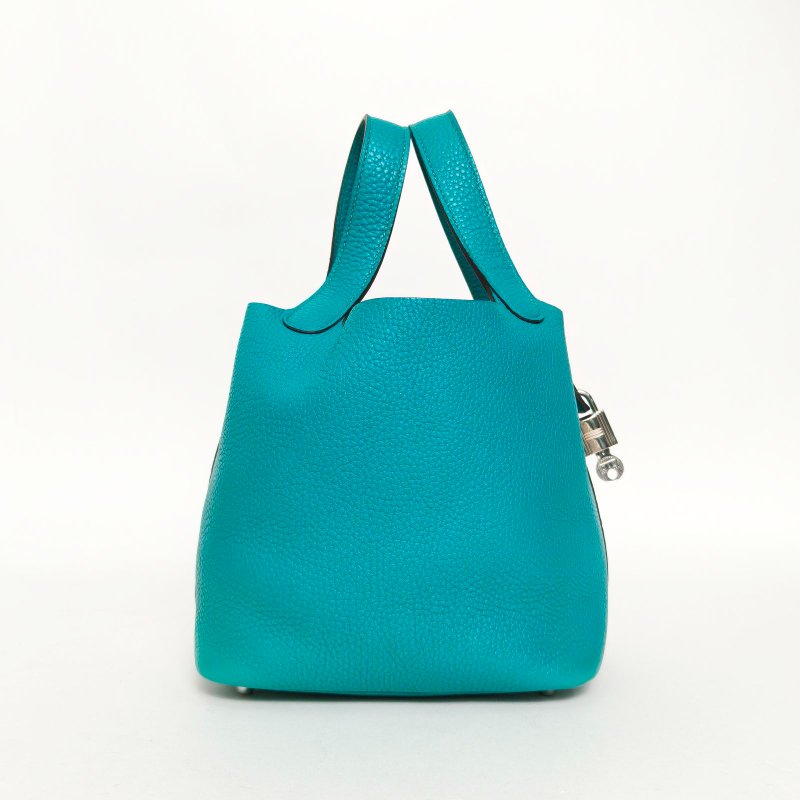 HERMES Picotin18菜籃子7F孔雀藍TC皮X刻銀扣肩背包-3