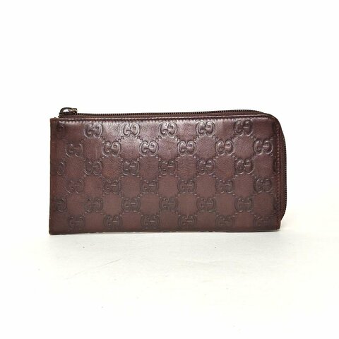 GUCCI 深巧克力色牛皮錢包拉鏈長款肩背包