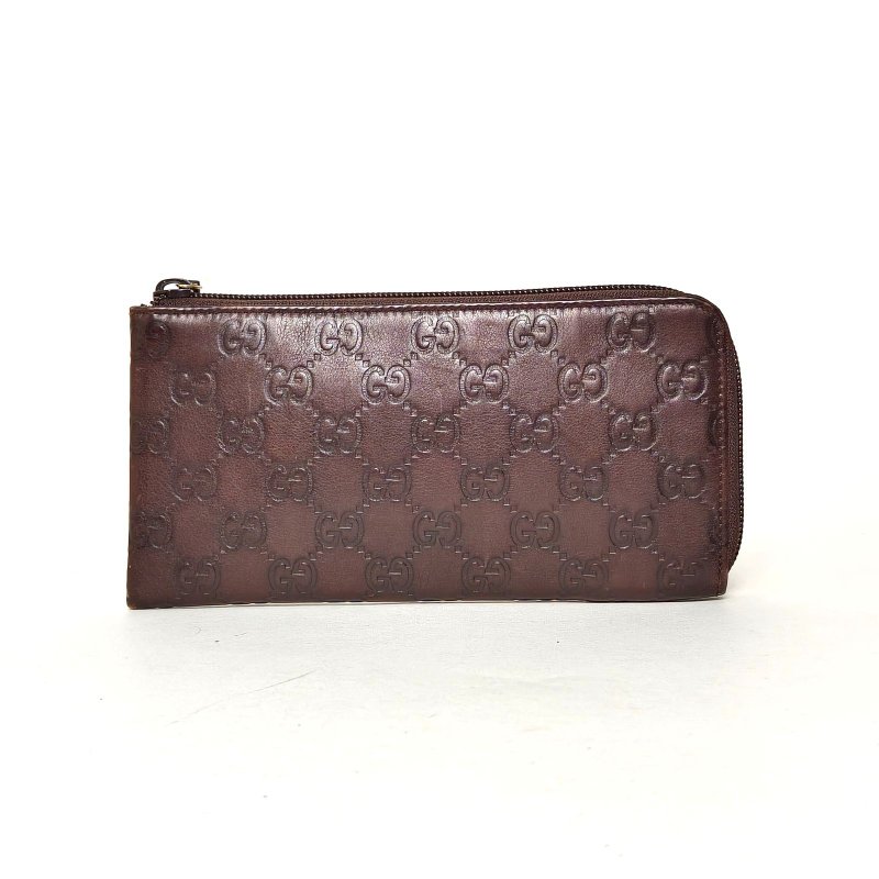 GUCCI 深巧克力色牛皮錢包拉鏈長款肩背包-0