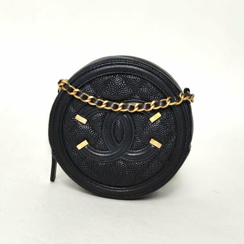 CHANEL 圓餅包雙C大LOGO黑色荔枝牛皮28開金扣肩背包