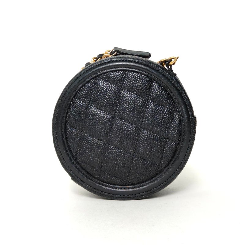 CHANEL 圓餅包雙C大LOGO黑色荔枝牛皮28開金扣肩背包-2
