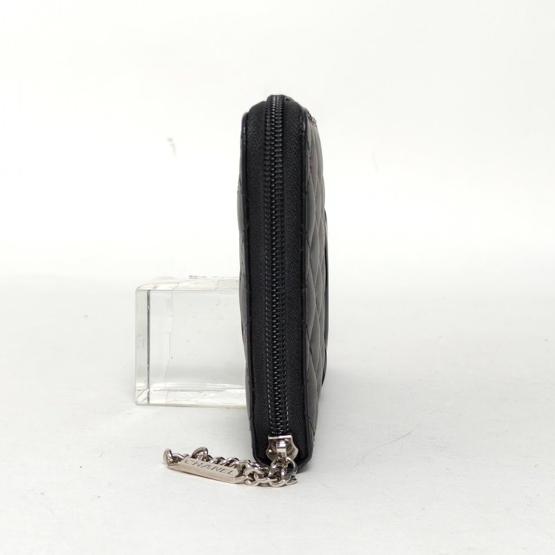 CHANEL 黑色牛皮19開銀扣康鵬拉鏈長款錢包手拿包肩背包-1
