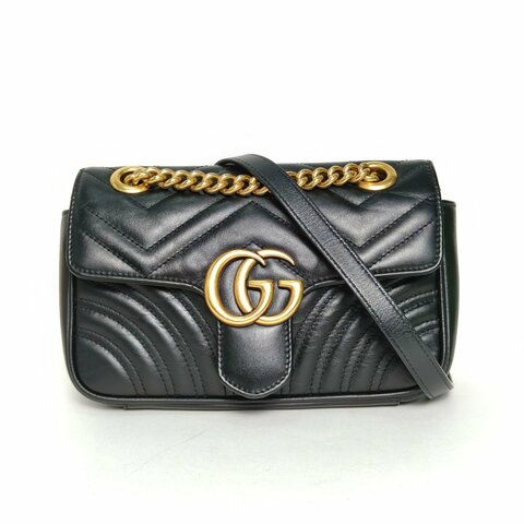 GUCCI GGMarmont肩背包Mini22黑色牛皮金扣肩背包