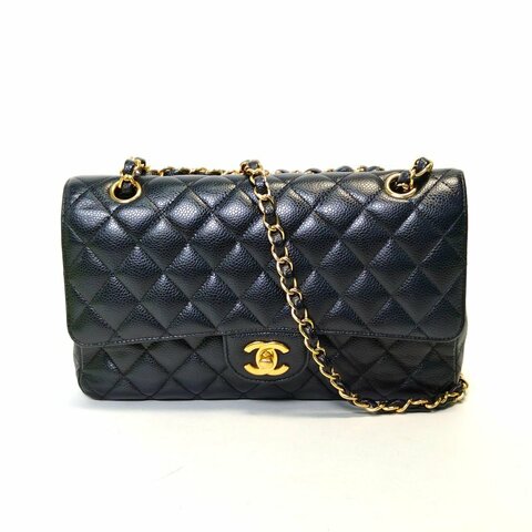 CHANEL CF口蓋包中號25.5黑色荔枝牛皮23開金扣肩背包