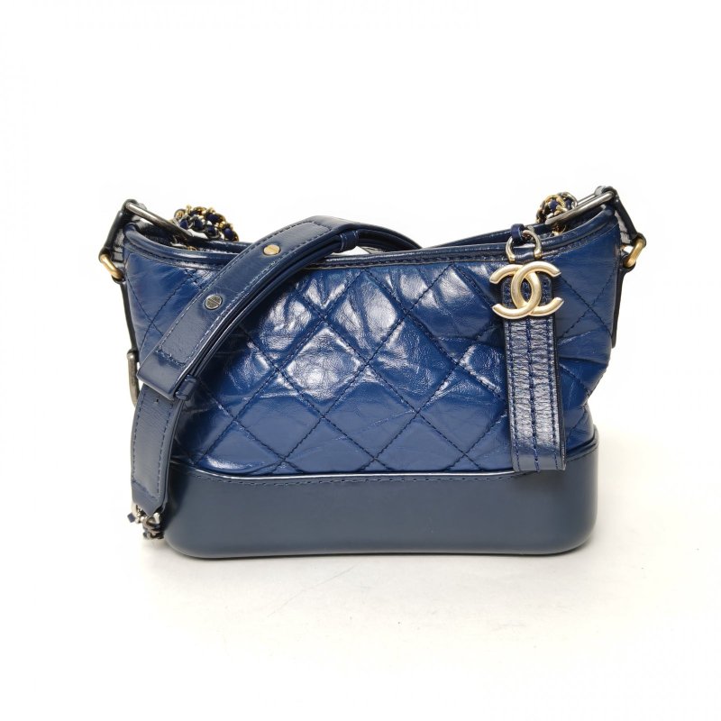 CHANEL GABRIELLE流浪小號20藍色牛皮26開金銀扣肩背包-0