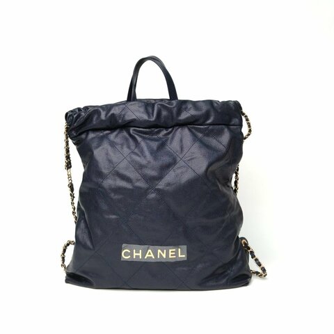 CHANEL 22Bag帶手柄雙肩包大號34墨藍色荔枝牛皮晶片開金扣肩背包