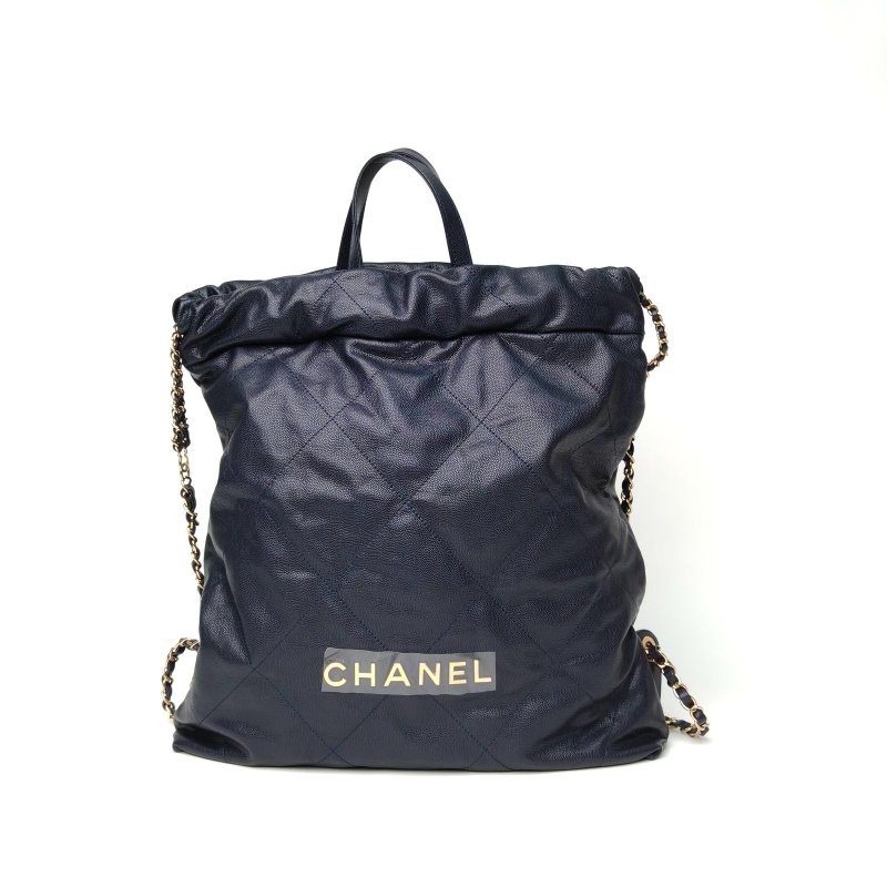 CHANEL 22Bag帶手柄雙肩包大號34墨藍色荔枝牛皮晶片開金扣肩背包-0