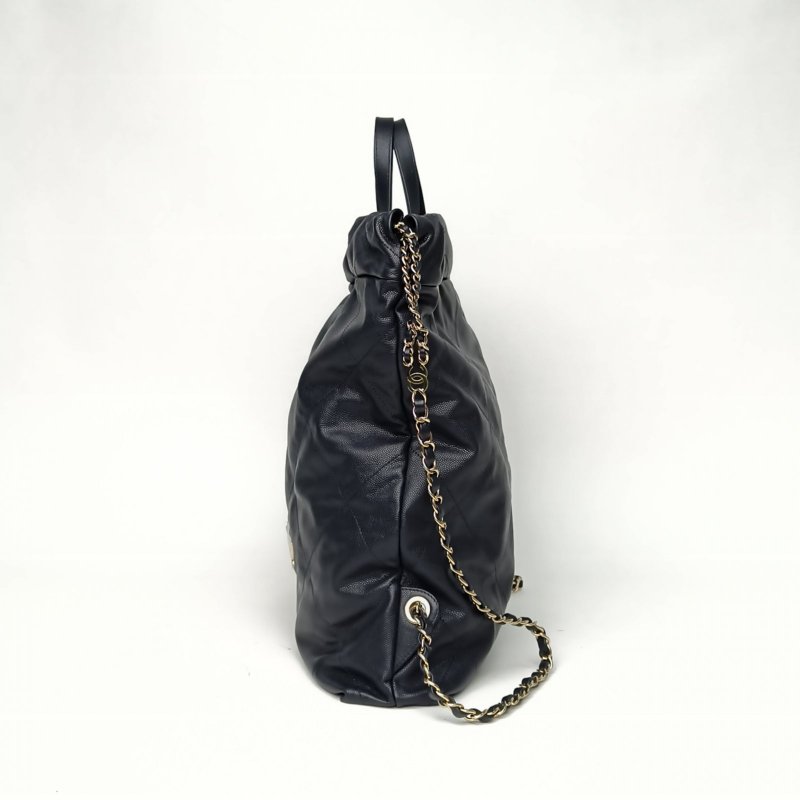 CHANEL 22Bag帶手柄雙肩包大號34墨藍色荔枝牛皮晶片開金扣肩背包-1