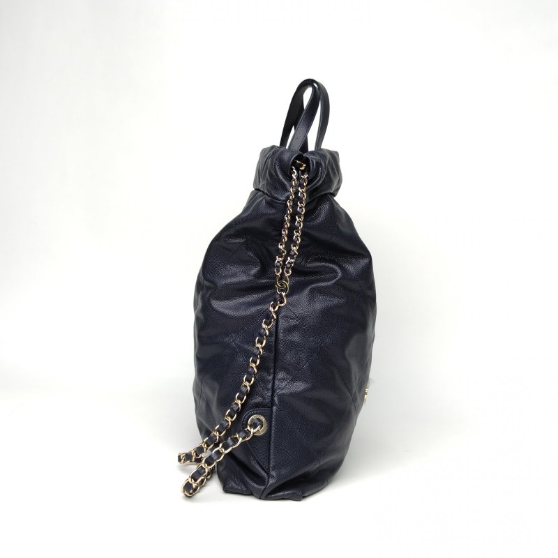 CHANEL 22Bag帶手柄雙肩包大號34墨藍色荔枝牛皮晶片開金扣肩背包-3