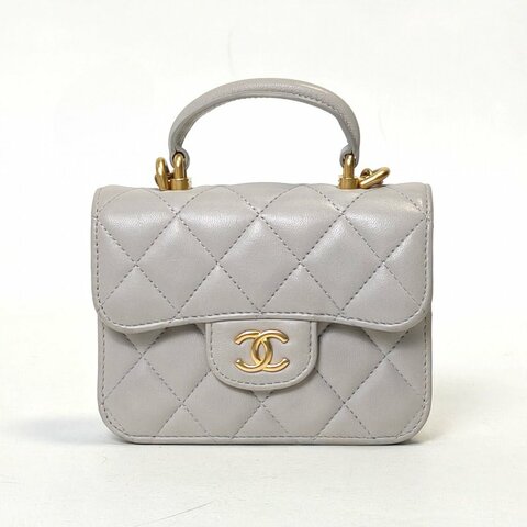 CHANEL 21A手柄口蓋零錢包12.5灰色羊皮31開金扣皮手柄肩背包