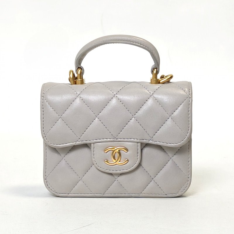 CHANEL 21A手柄口蓋零錢包12.5灰色羊皮31開金扣皮手柄肩背包-0