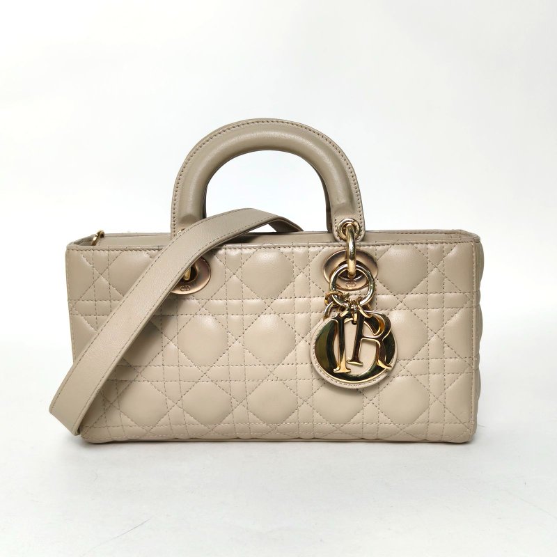 DIOR LadyD-Joy橫版戴妃包中號26灰色羊皮金扣2022肩背包-0