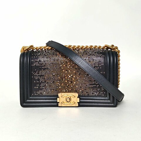 CHANEL Leboy中號25黑色牛皮28開金扣限定鉚釘串珠刺繡肩背包