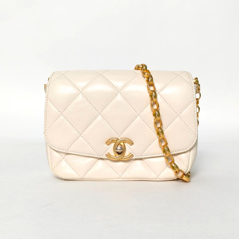 CHANEL 20K口蓋包19白色羊皮30開金扣金幣鏈條肩背包-0
