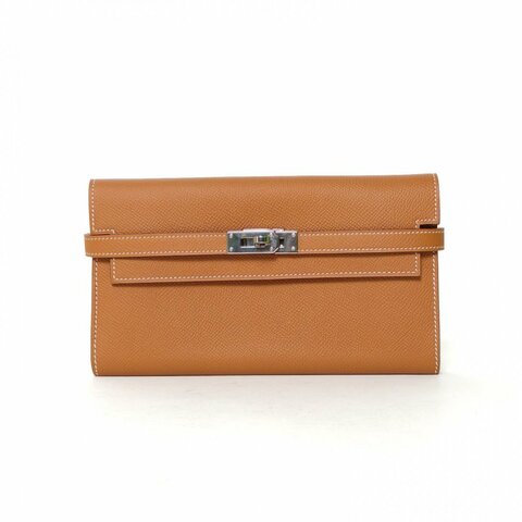 HERMES Kelly長款錢包37金棕色Epsom皮D刻銀扣肩背包