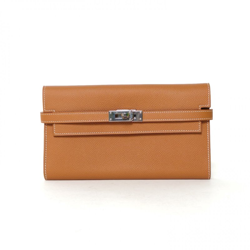 HERMES Kelly長款錢包37金棕色Epsom皮D刻銀扣肩背包-0