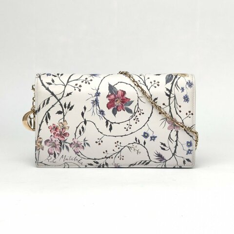 DIOR 白色牛皮淺金扣2020鏈條包-旋轉紅花肩背包