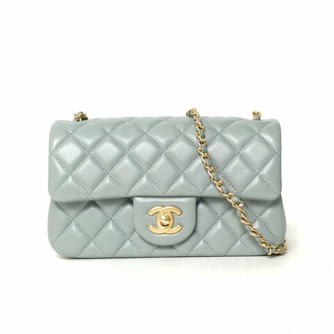 CHANEL CF口蓋包大Mini20綠色羊皮晶片開金扣金球調節扣肩帶肩背包