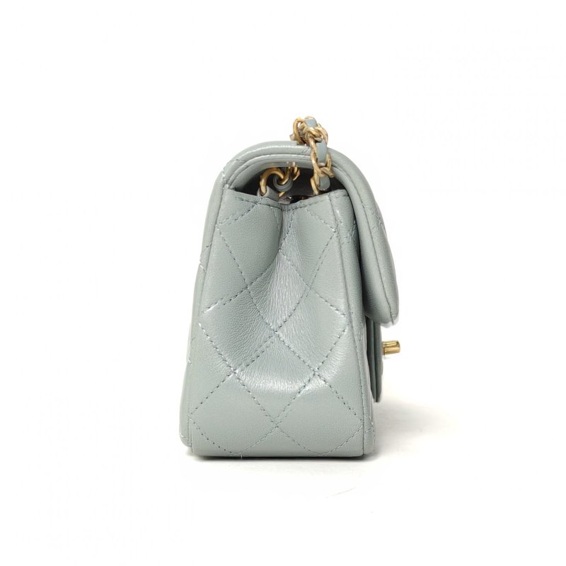 CHANEL CF口蓋包大Mini20綠色羊皮晶片開金扣金球調節扣肩帶肩背包-3