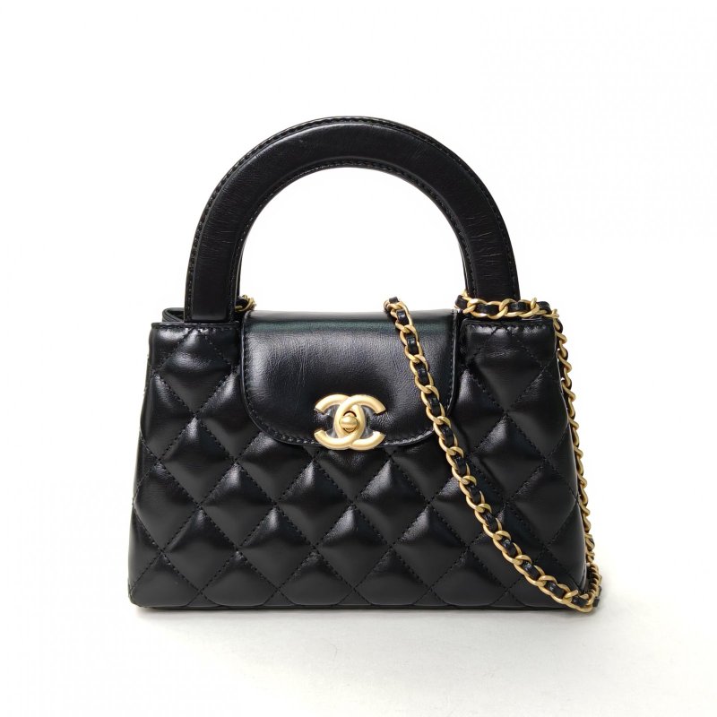 CHANEL 25CKelly鏈條手柄手提包黑色牛皮晶片開金扣肩背包-0