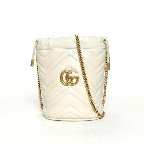 GUCCI GGMarmont抽繩水桶包Mini17白色牛皮金扣肩背包