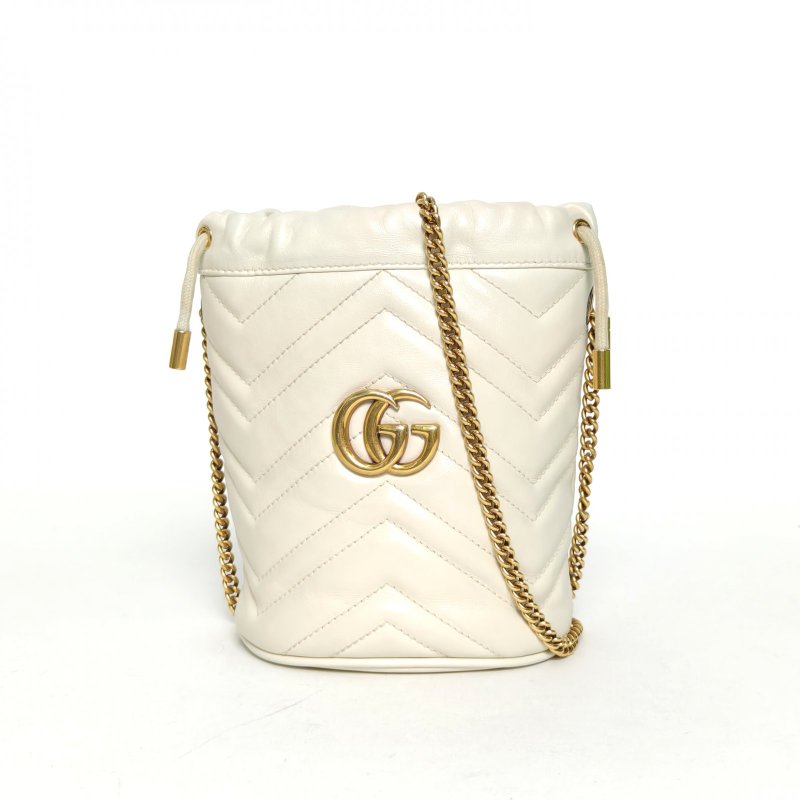 GUCCI GGMarmont抽繩水桶包Mini17白色牛皮金扣肩背包-0