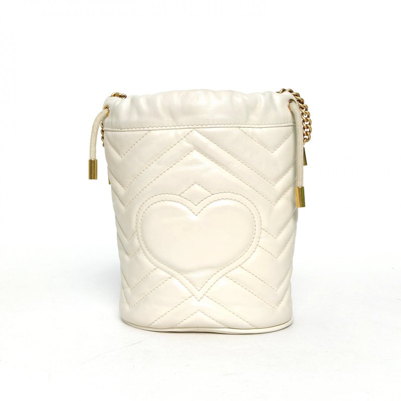 GUCCI GGMarmont抽繩水桶包Mini17白色牛皮金扣肩背包-2