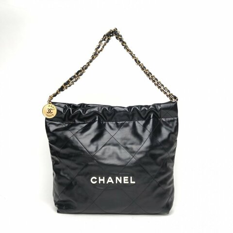 CHANEL 22BagTote托特包小號30黑色牛皮晶片開白扣肩背包