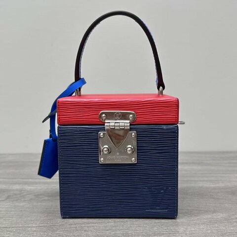 LV 水波紋紅藍拼色銀扣手提盒子包12*12*12 98新配件塵袋
