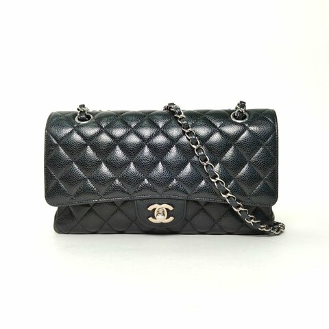 CHANEL CF口蓋包中號25.5黑色荔枝牛皮29開銀扣肩背包