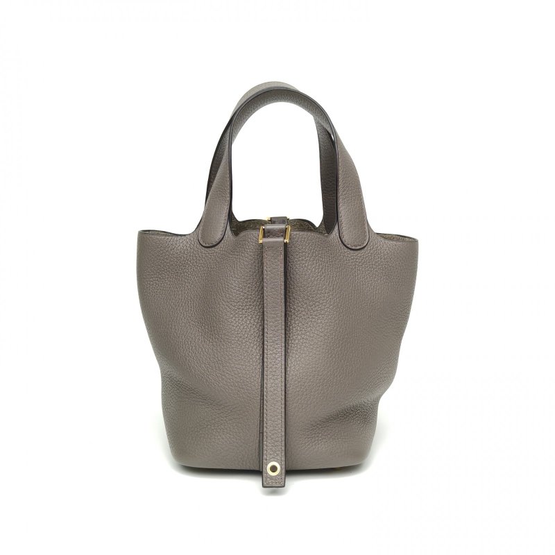 HERMES Picotin18菜籃子8F錫器灰TC皮Y刻金扣肩背包-2