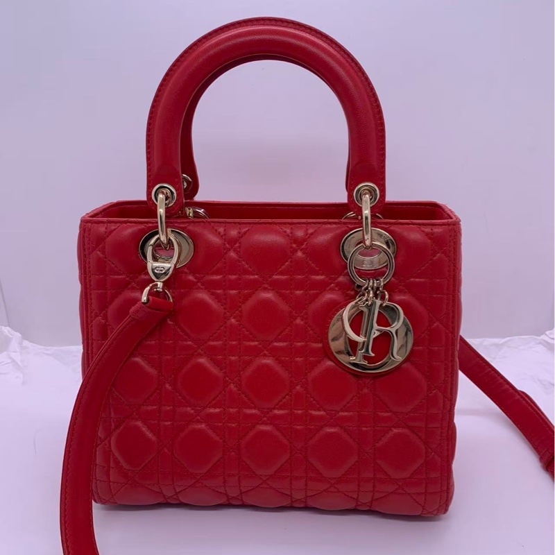 二手Dior五格紅色羊皮金扣戴妃包-0