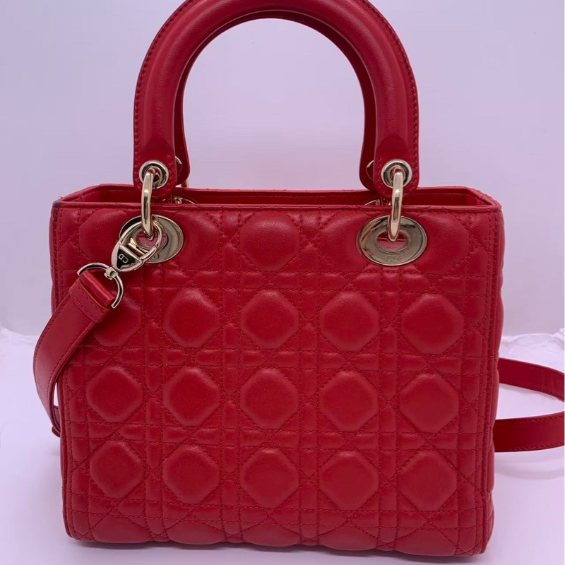 二手Dior五格紅色羊皮金扣戴妃包-1