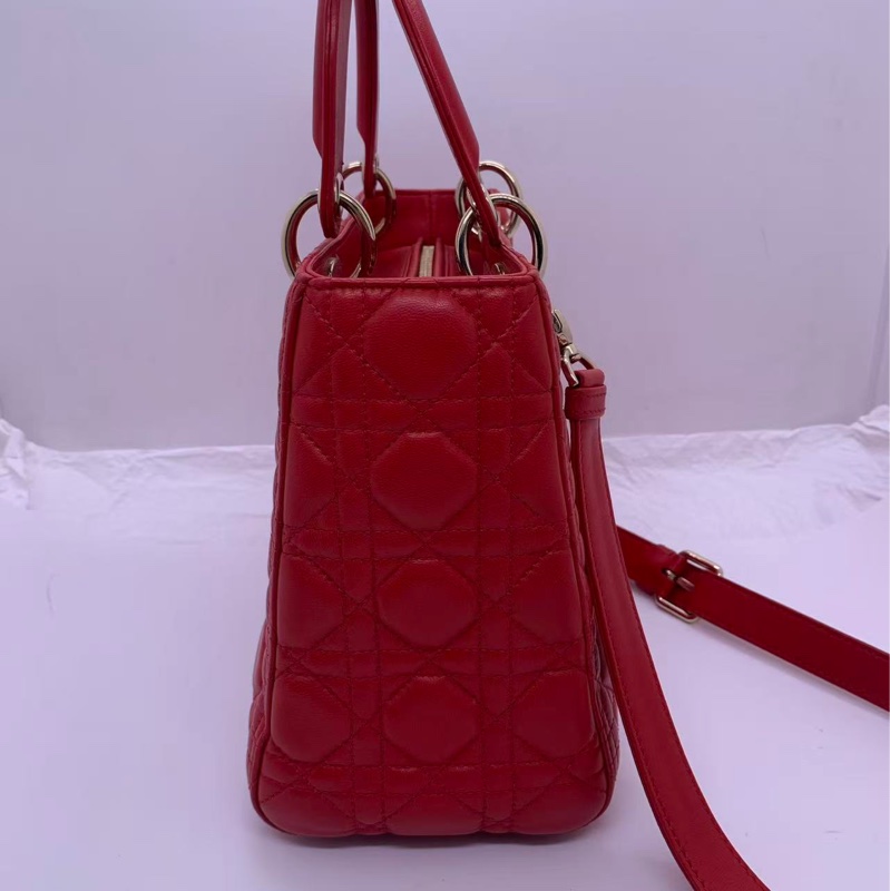 二手Dior五格紅色羊皮金扣戴妃包-2