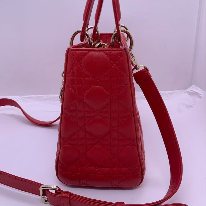 二手Dior五格紅色羊皮金扣戴妃包-3