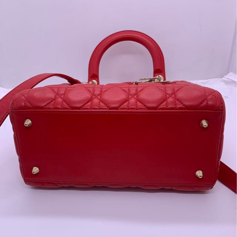 二手Dior五格紅色羊皮金扣戴妃包-4