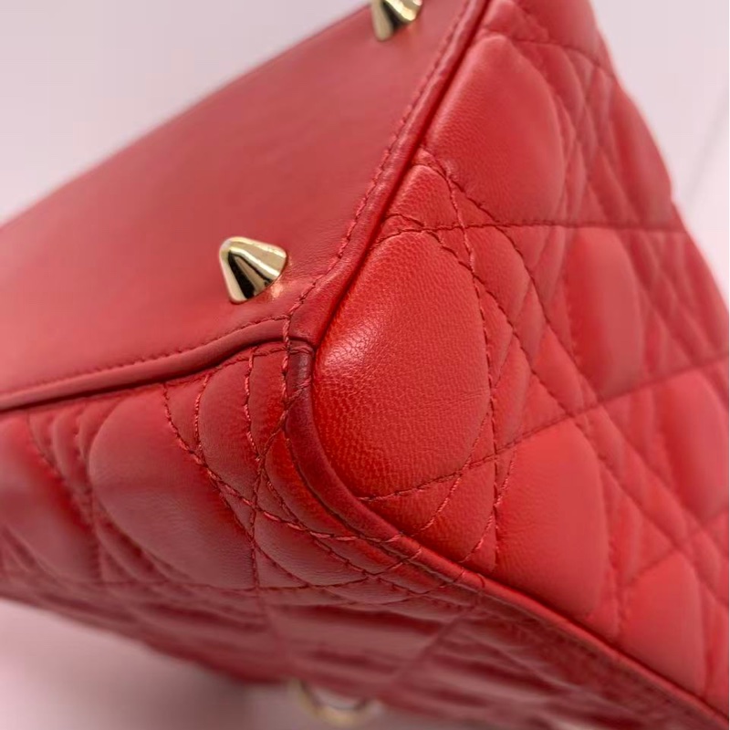 二手Dior五格紅色羊皮金扣戴妃包-10