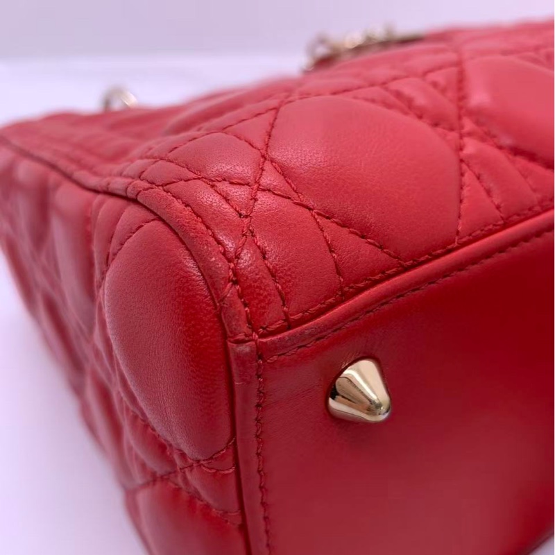 二手Dior五格紅色羊皮金扣戴妃包-11