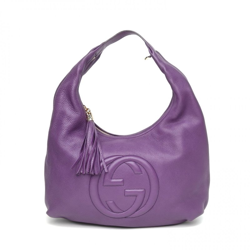 GUCCI 紫色牛皮淺金扣Soho流蘇Hobo單肩包肩背包-0