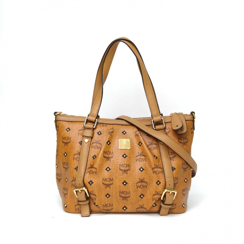 MCM 幹邑色牛皮金扣手提單肩托特包肩背包-0