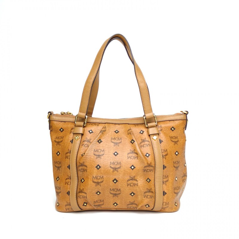 MCM 幹邑色牛皮金扣手提單肩托特包肩背包-2