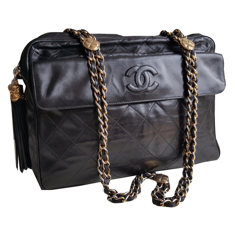CHANEL 經典菱格「雙鍊」小金扣黑色流蘇相機包稀有款式 ｜附前翻口袋｜黑色小羊皮｜老香金釦｜正品-2