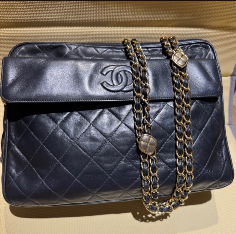 CHANEL 經典菱格「雙鍊」小金扣黑色流蘇相機包稀有款式 ｜附前翻口袋｜黑色小羊皮｜老香金釦｜正品-0