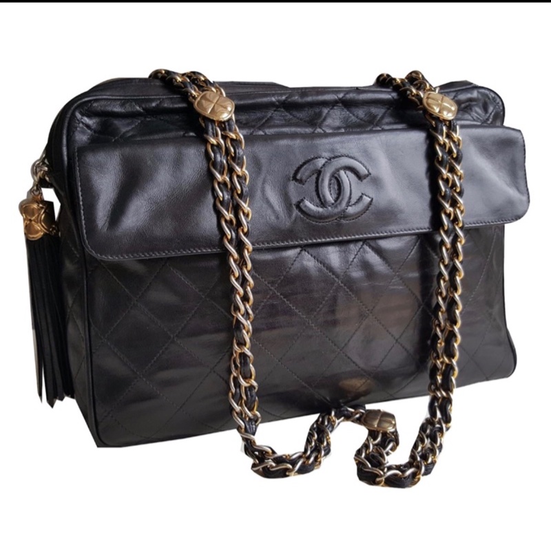 CHANEL 經典菱格「雙鍊」小金扣黑色流蘇相機包稀有款式 ｜附前翻口袋｜黑色小羊皮｜老香金釦｜正品-1